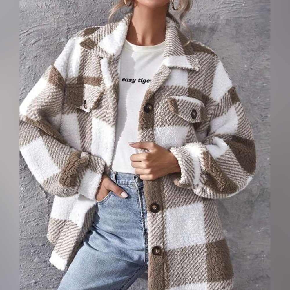 Button Front Gingham Teddy Jacket
